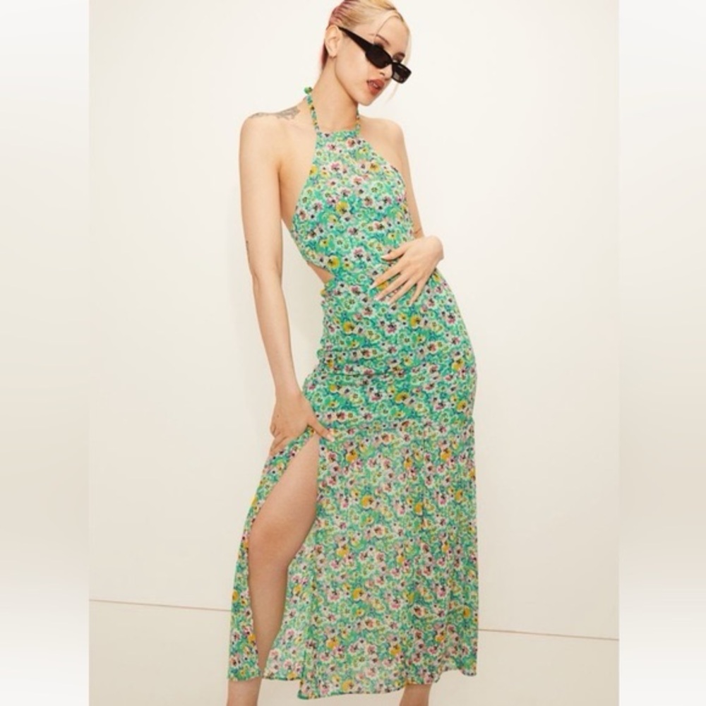 H&M Open Back Halter Chiffon Floral Dress
